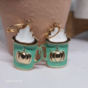 Pumpkin Spice Latte Earrings‎ Gold Enamel Fall Autumn Coffee Drink Dangle NWOT